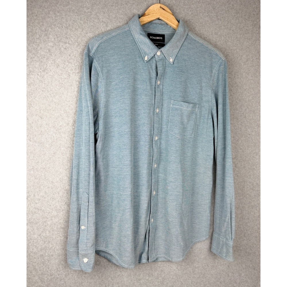Bonobos Mens Slim Fit Blue Pique Knit Long Sleeve Button Down Shirt Large